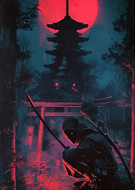 Ninja in Dark Forest with Pagoda