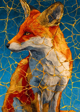 Red Fox with Kintsugi-style Gold Cracks