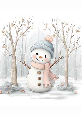 Cute Snowman in Winter Forest