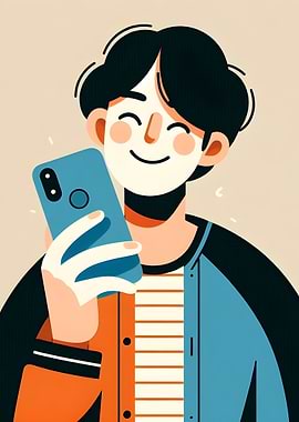 Smiling Cartoon Character with Phone