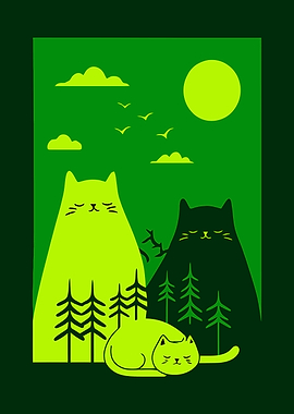 Green Cats in Forest Illustration