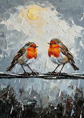 Two Robins on a Wire Painting