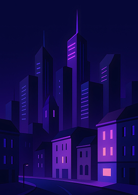 Night Cityscape in Blue and Purple