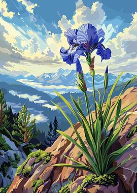 Blue Iris in Mountain Landscape