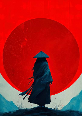Samurai with Red Sun Digital Art