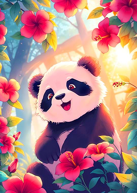 Cute Panda with Hibiscus Flowers