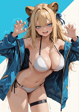 Anime Girl with Bear Ears in Bikini