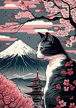 Cat Mount Fuji Cherry Blossoms