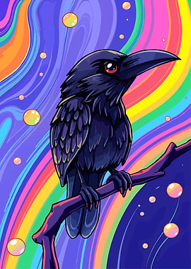Colorful Raven on Branch Illustration