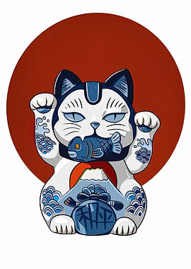 Maneki Neko with Fish and Mount Fuji
