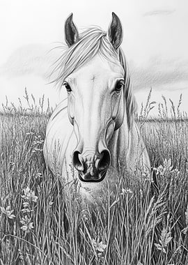 Horse Portrait in Grayscale Field