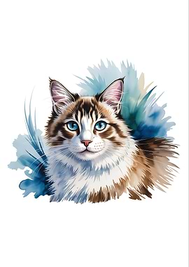 Watercolor Cat Portrait with Blue Eyes