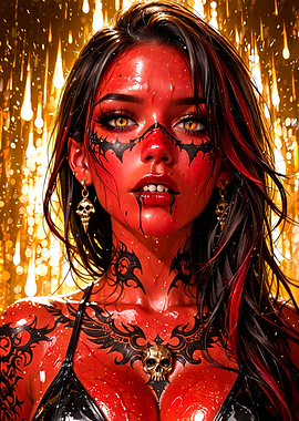 Red-skinned demon woman with skull jewelry