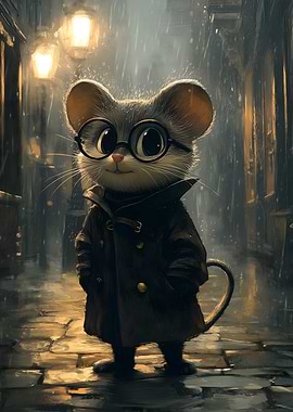 Cool Mouse in Coat on Rainy Street