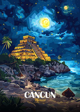 Cancun Mexico Night Landscape Illustration