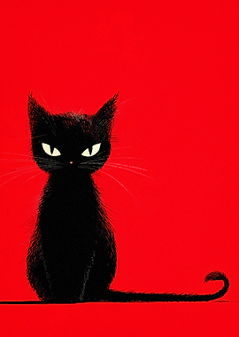 Black Cat on Red Background