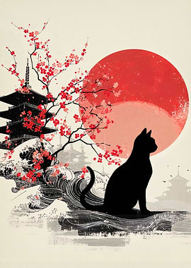 Japanese Cat Silhouette with Cherry Blossoms