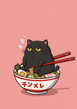 Cartoon Cat in Ramen Bowl