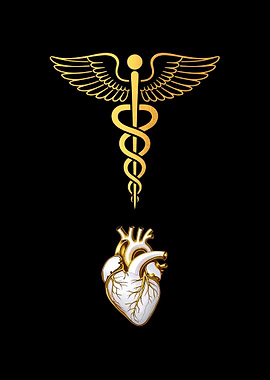 Golden Caduceus and Heart on Black