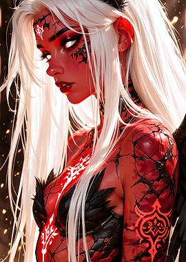 Red-skinned demon woman with white hair