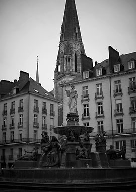 Black and White City Fountain Scene