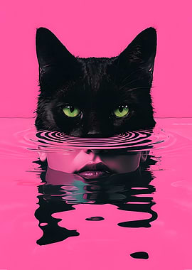Black Cat and Woman in Pink Water