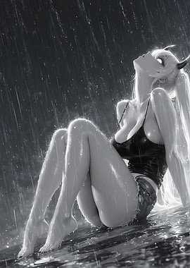 Anime Girl in Rain, Black and White