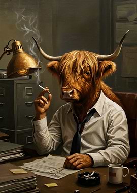 Anthropomorphic Highland Cow Businessman Smoking
