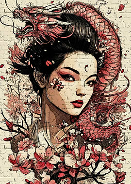 Asian Woman with Dragon and Flowers