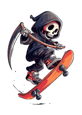 Cartoon Grim Reaper on Skateboard