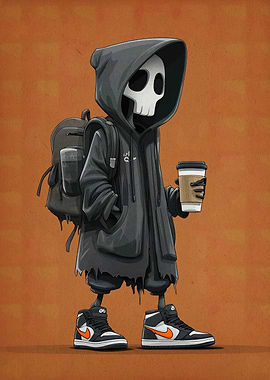 Hooded Skeleton with Coffee and Sneakers