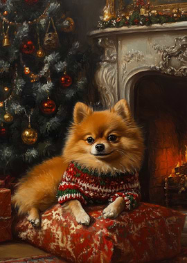 Pomeranian Christmas Portrait | Cute Christmas Dog Art
