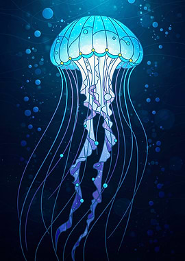 Blue Jellyfish in Deep Ocean Illustration