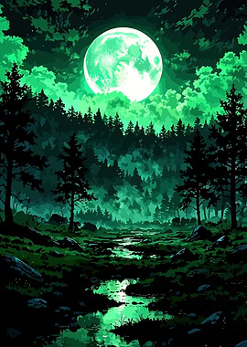 Green Moonlit Forest Landscape