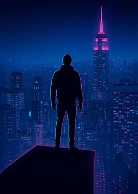 Man on Rooftop Overlooking Cityscape