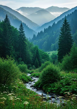 Lush Green Mountain Valley Stream