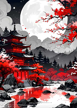 Japanese Pagoda with Moon and Cherry Blossoms