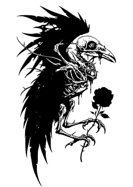 Skeletal Raven with Rose Black and White