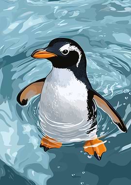 Penguin swimming in blue water illustration