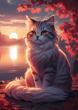 Cat by the Lake at Sunset