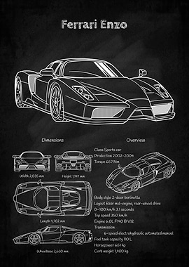 Ferrari Enzo Blueprint on Black Background