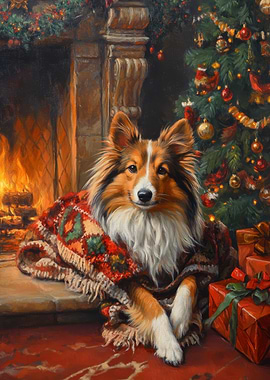 Cozy Christmas Shetland Sheepdog by Fireplace Painting