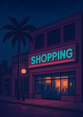 Neon Shopping Center at Night