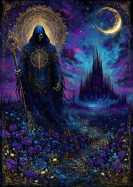 Grim Reaper in Floral Fantasy Landscape
