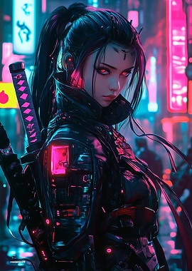 Cyberpunk Neon Warrior Woman with Katana