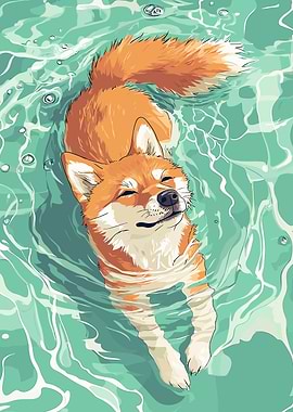Shiba Inu Dog Swimming Illustration