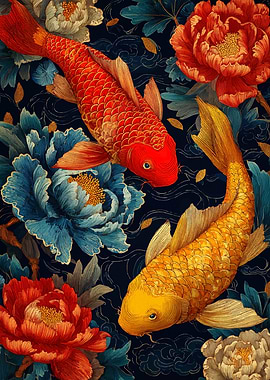 Koi Fish and Floral Pattern