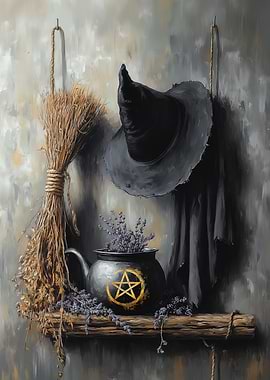 Witchcraft Still Life with Cauldron Tea Pot and Hat
