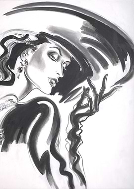 Elegant Woman in Hat, Black and White