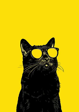 Cool Cat with Glasses on Yellow